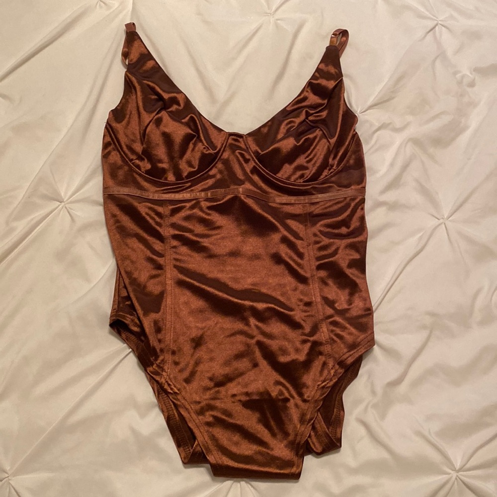Brown faux silk/satin body suit.